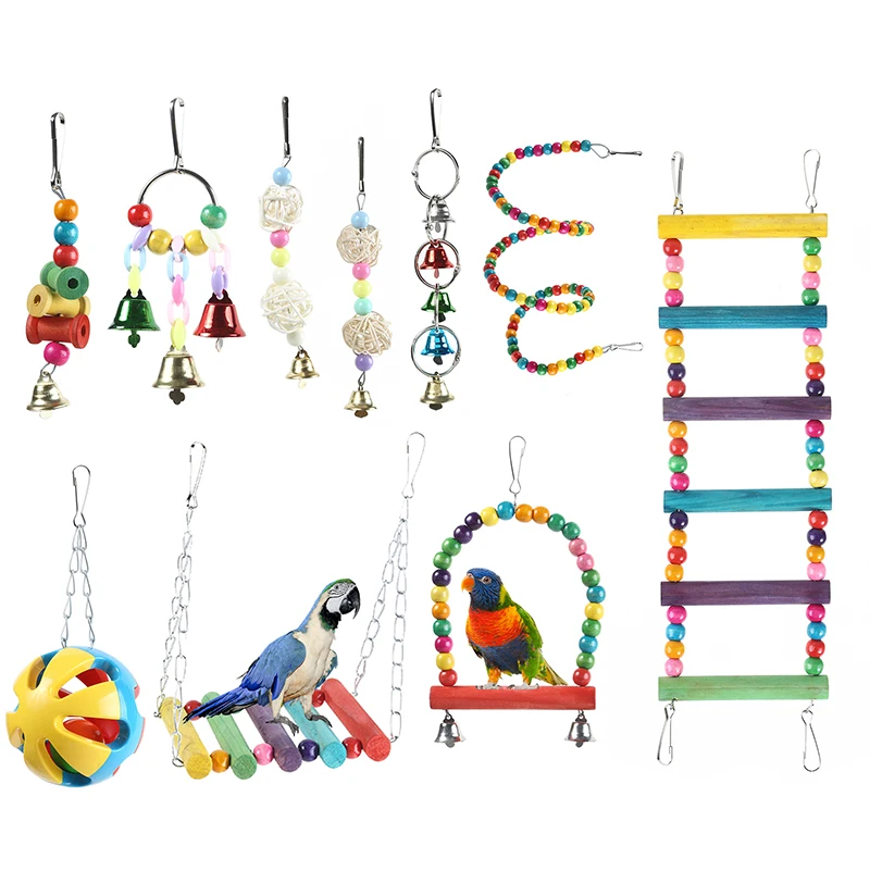 

10 Pack Bird Cage Toys for Parrots Reliable and Chewable Swing Hanging Chewing Bite Bridge Wooden Beads Ball Bell Toys