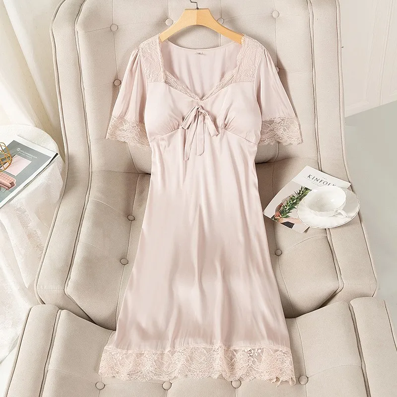 

Satin Nightgown V-Neck Women Nightwear Sleepdress Summer New Short Sleeve Home Dressing Gown Sexy Sleepwear Intimate Lingerie