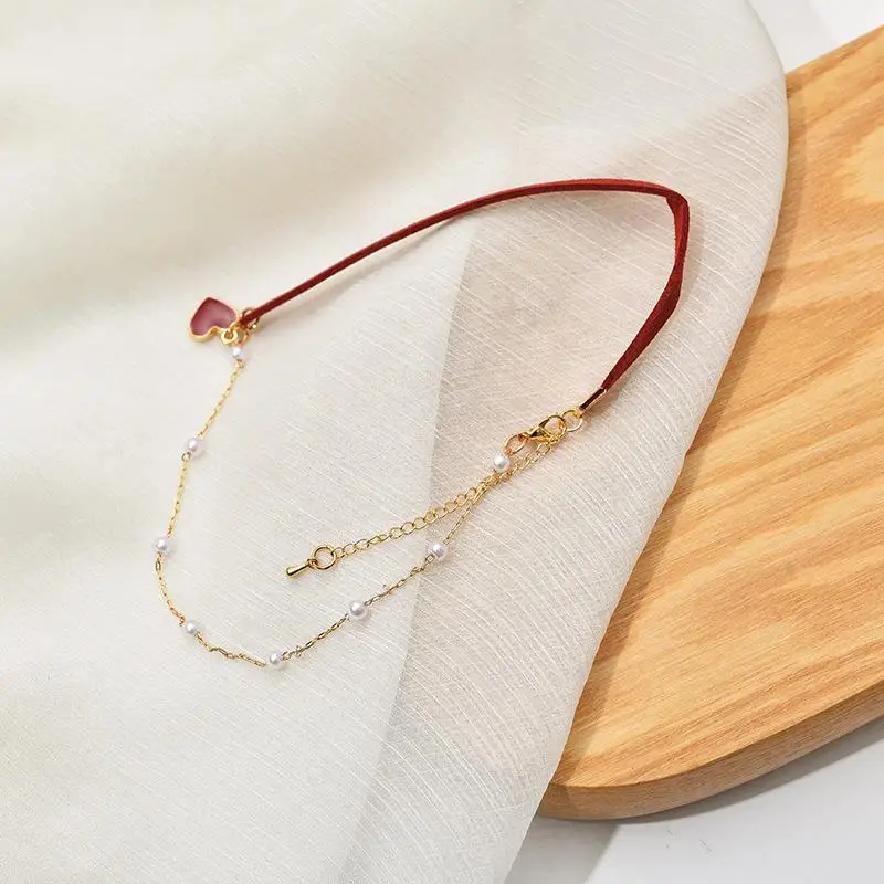 

Punk Imitation Pearl Choker Necklace Cloth Statement Necklace Gold Color Love Heart Pendant Necklace for Female Jewelry