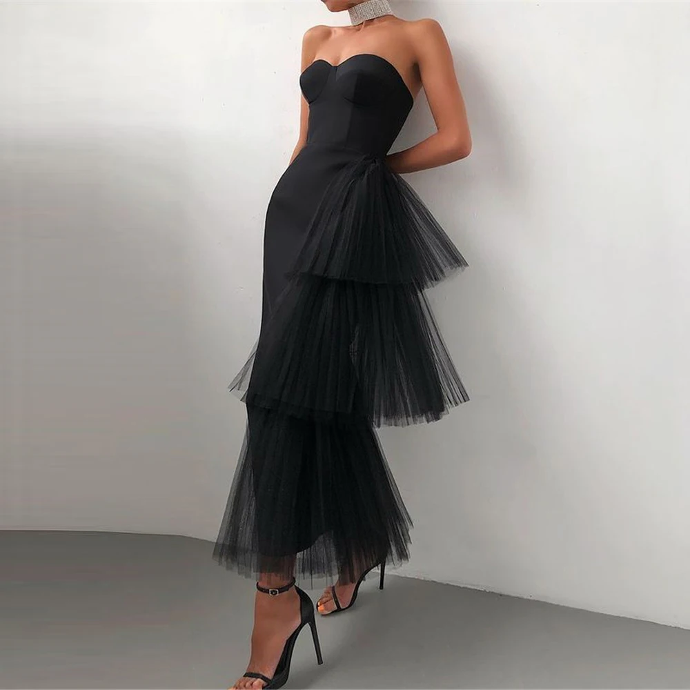 

Modern Black Soft Satin Evening Party Dress Sweetheart Organza Tiered Sweetheart Ankle Length Formal Gowns vestidos de fiesta