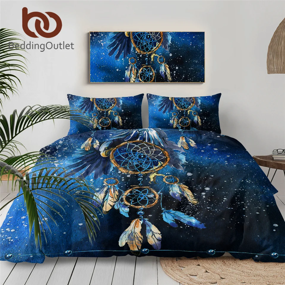 Постельные принадлежности Outlet Dreamcatcher Комплект постельного белья queen size перо синий печатных пододеяльник Boho постельное белье 3 шт. Белоголовый Орел домашний текстиль