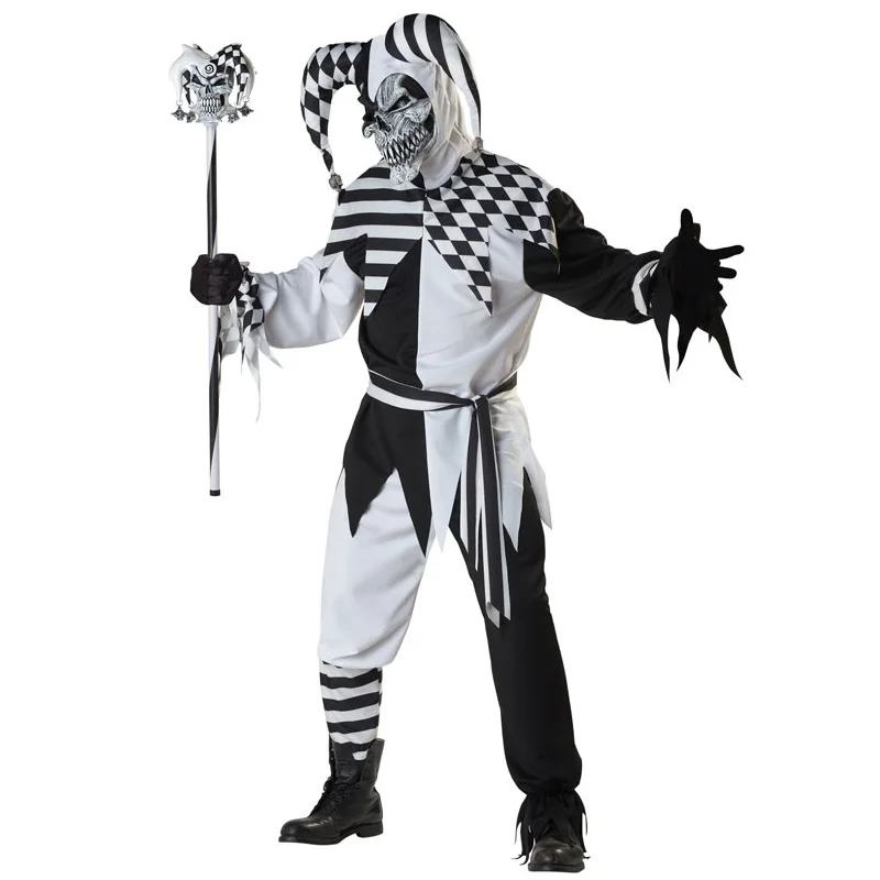 

Newest Fashion Masquerade Mens Killer Clown Costumes Cosplay Striped Printing Mask Circus Jumpsuit for Halloween Party Costumes