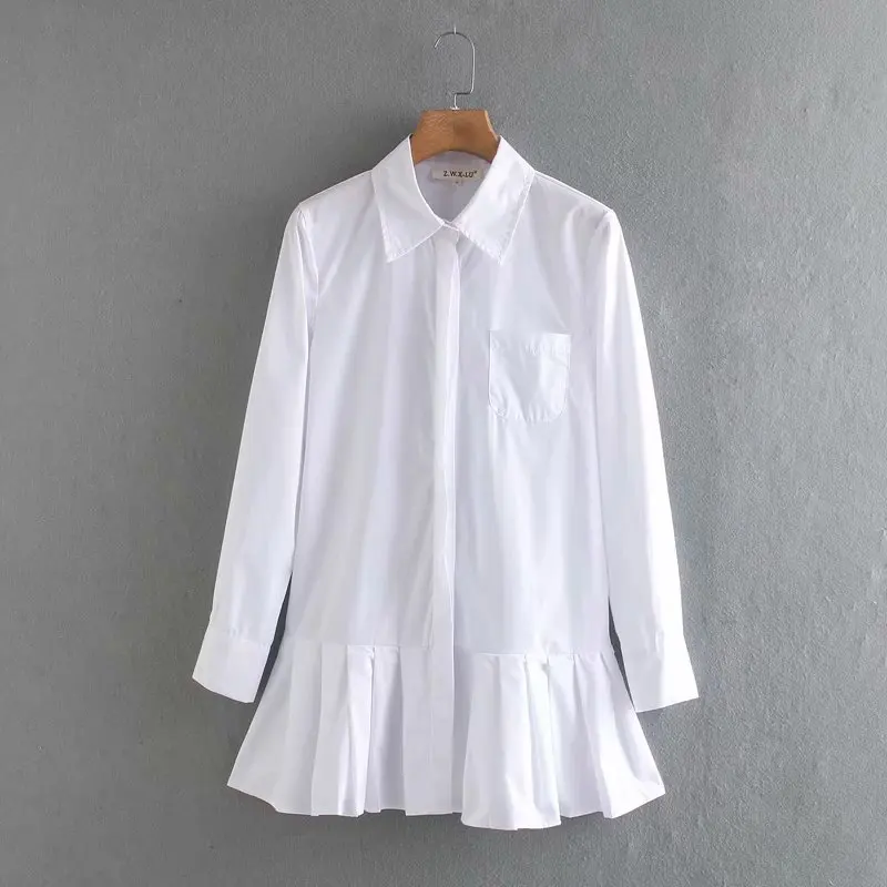 

2021 New Women's Solid Color Hem Pleated White Mini Skirt Elegant Long Sleeve Fashion Avant-garde Business Women's Dress