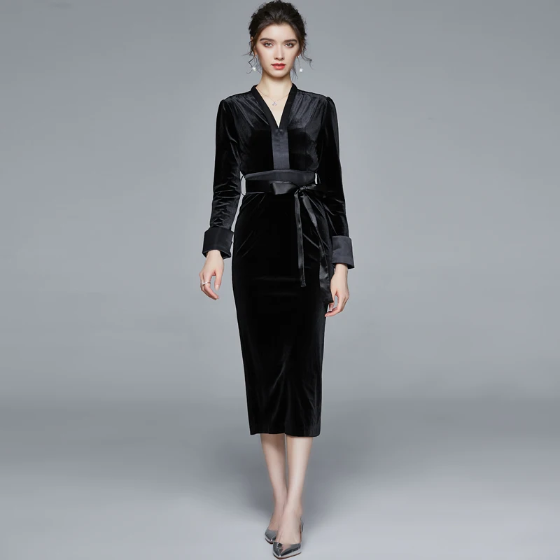 

Vintage Women Velvet OL Pencil Dress Vestidos Runway Fall Winter Sexy V Neck Long Sleeve Bodycon Sheath Long Dress With Belt