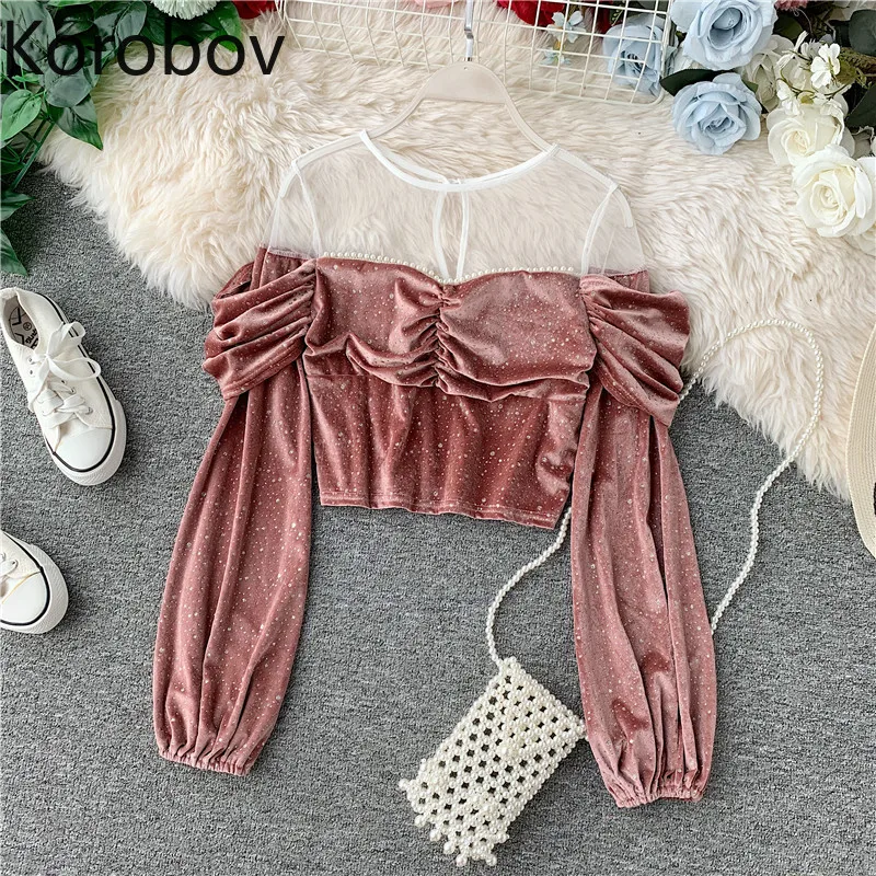 Korobov новая Корейская Сексуальная сетчатая Лоскутная блестящая женская блузка