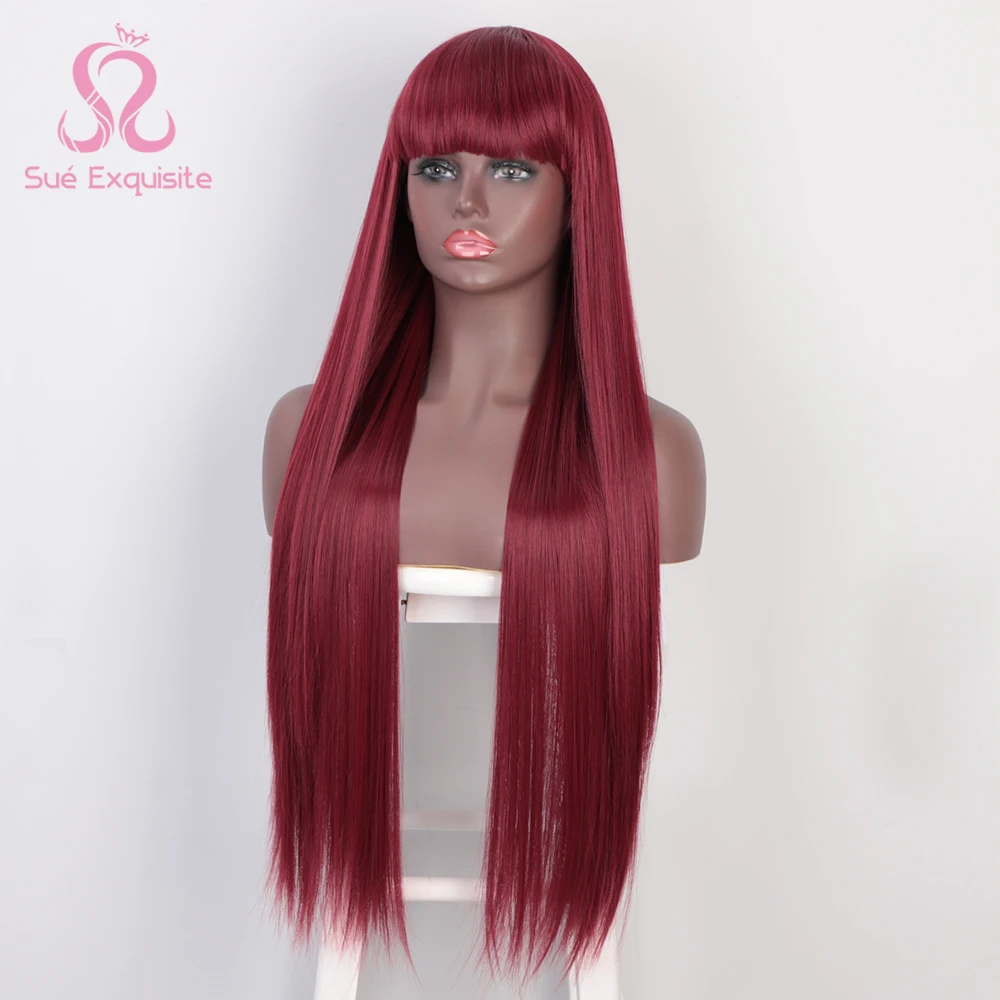 

SUe изысканный длинный прямой винно-красный парик с челкой синтетические волосы парики челка для женщин винно-красные термостойкие парики