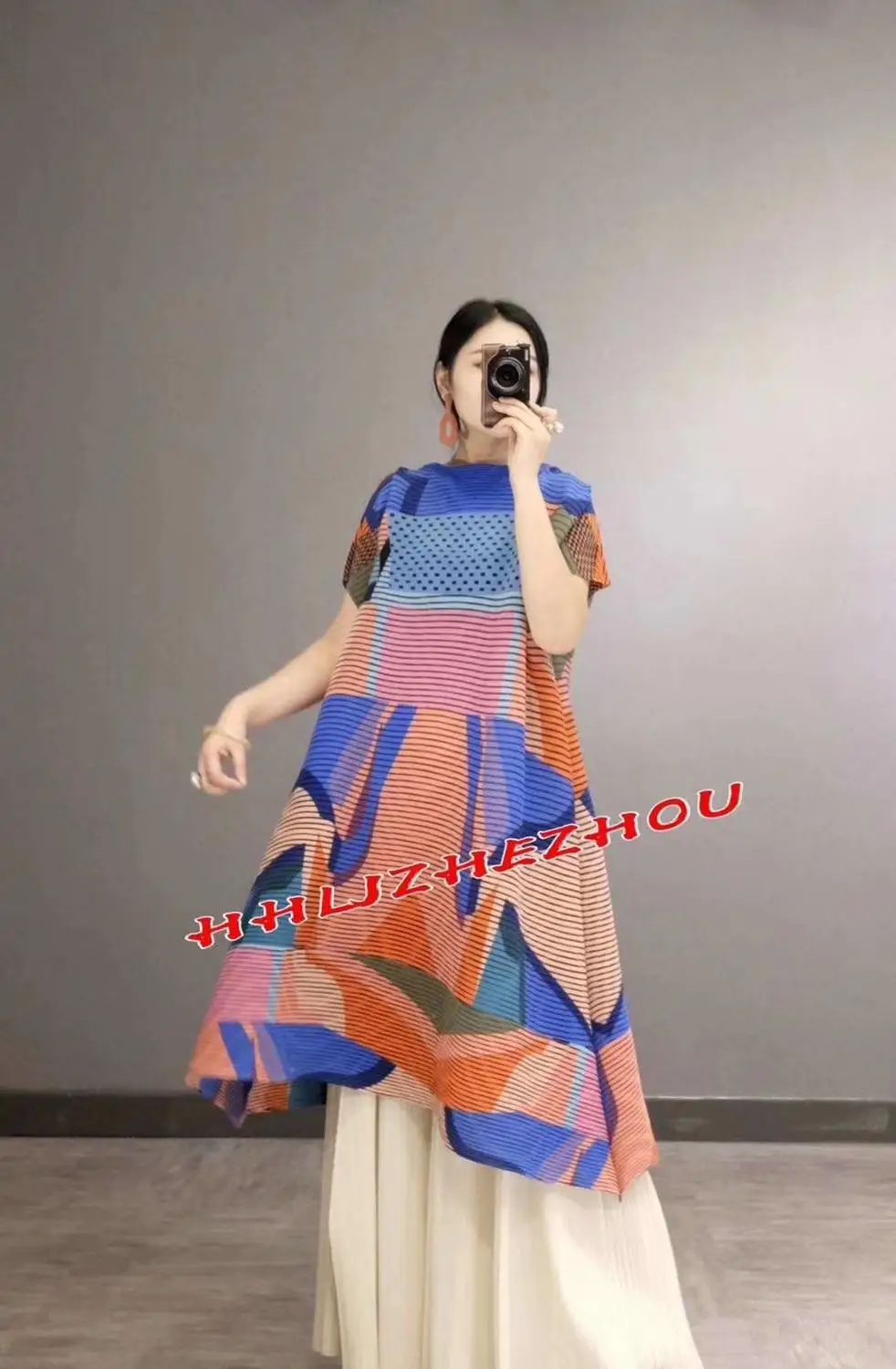 HOT SELLING Miyake Fashion short sleeve print slash neck fold dress IN STOCK