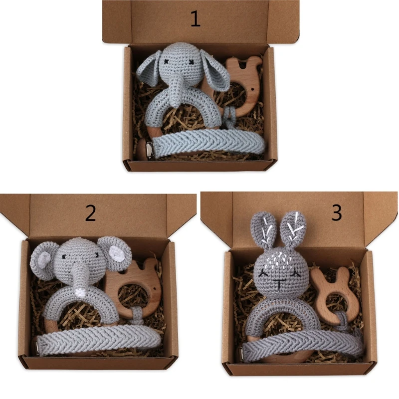 

3Pcs Beech Wooden Baby Teething Rings Crochet Animals Rattle Toy Infant Teether Comfort Toys Braided Pacifier Chain Set