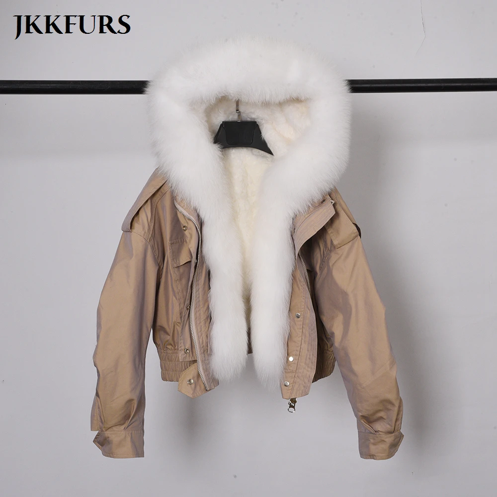 

New Women's Real Fur Parka Natural Fox Fur Collar Winter Thick Warm Real Fur Coat Hooded Lamb Fur lined Bomber Jacket S7652B