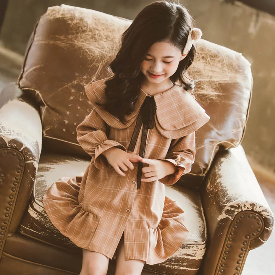 Платье для девочек платья в клетку детское платье с расклешенными рукавами и