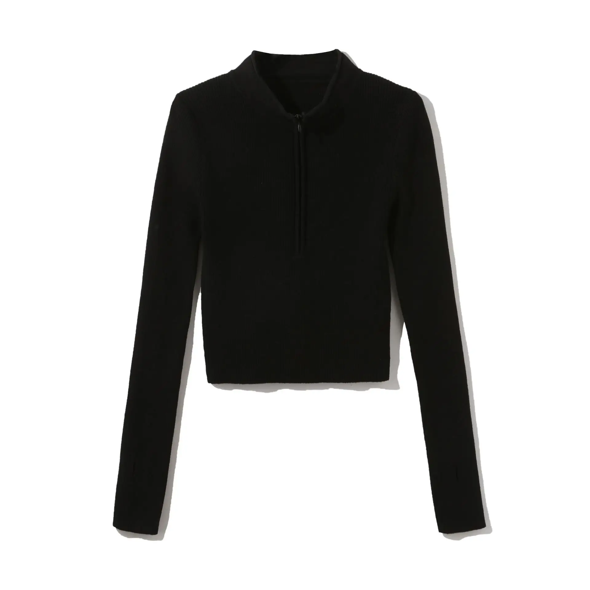 

2021 spring European and American women's temperament commuter was thin, high-elastic, slim-fit, zipper, v-neck, finger-p