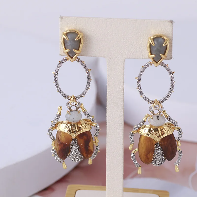 

European and American Personalized Funny Beetle Shape Inlaid Stone Exaggerated Earrings
