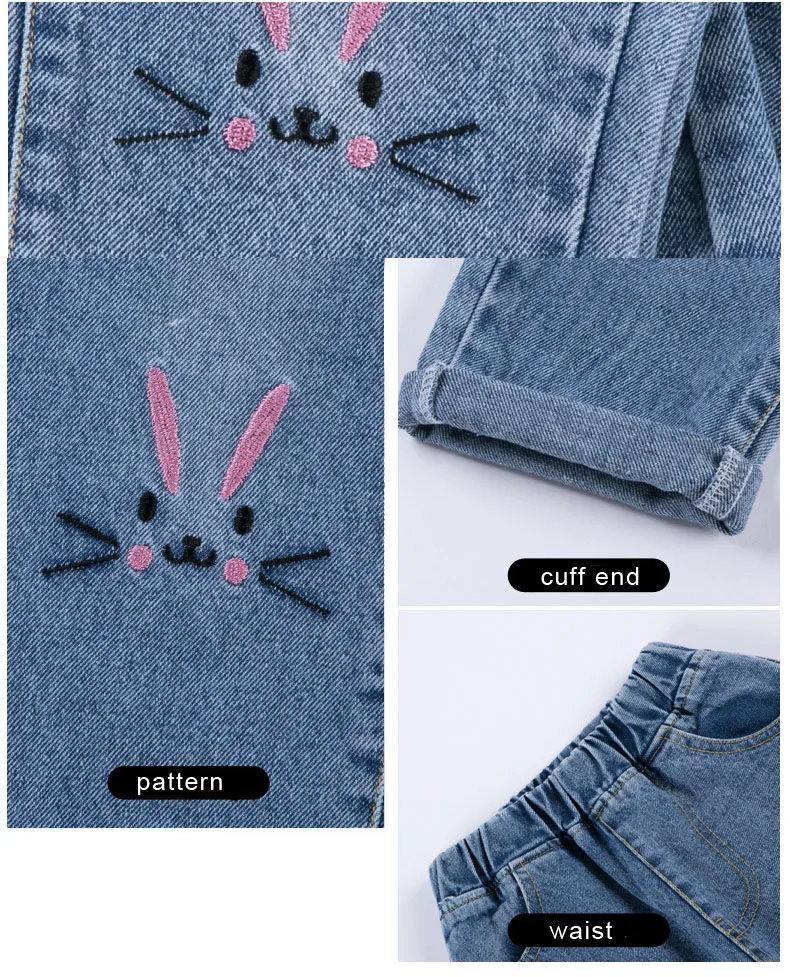4~11T Spring Fall Youth Girls Casual Jeans Elastic Belt Denim Pants for the Teens Girl Pantolon Teenagers Dog Rabbit Embroidery | Детская