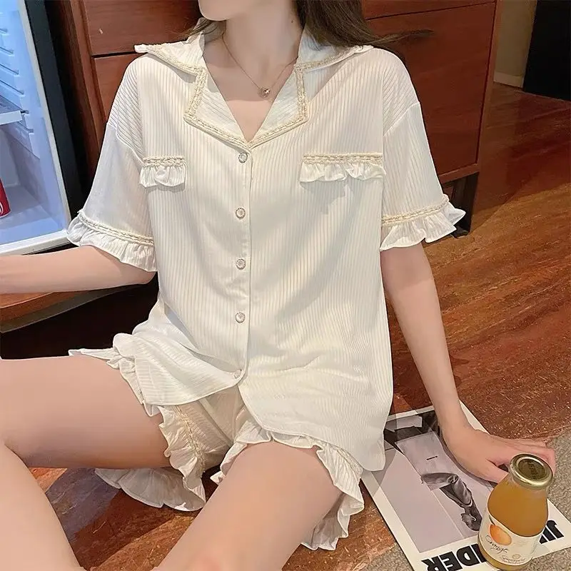 

Pajamas women's summer short sleeve cotton two piece suit Sexy Spring thin household clothes can be worn out