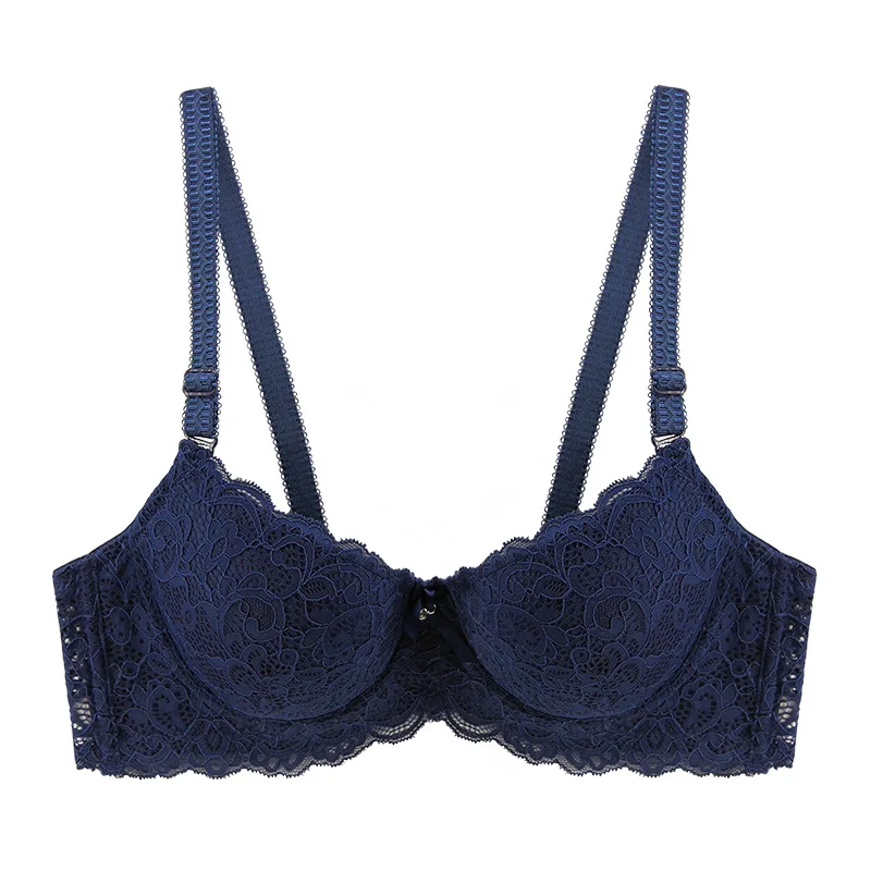 Navy blue Женский сексуальный бюстгальтер со стальным кольцом без косточек, кружевное нижнее белье с цветочным бантом, треугольный бюстгальтер с чашечками 5/8 - Цвет: Navy blue