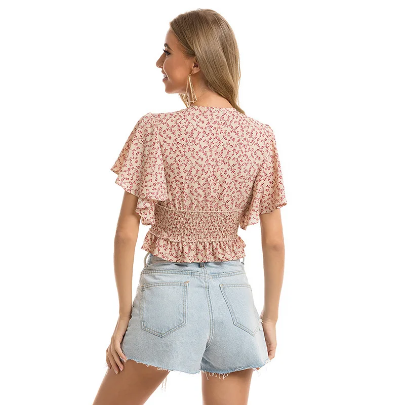 

2021 spring and summer lotus leaf sleeve short sleeve deep V-neck chiffon top fashionable sexy comfortable short Tees