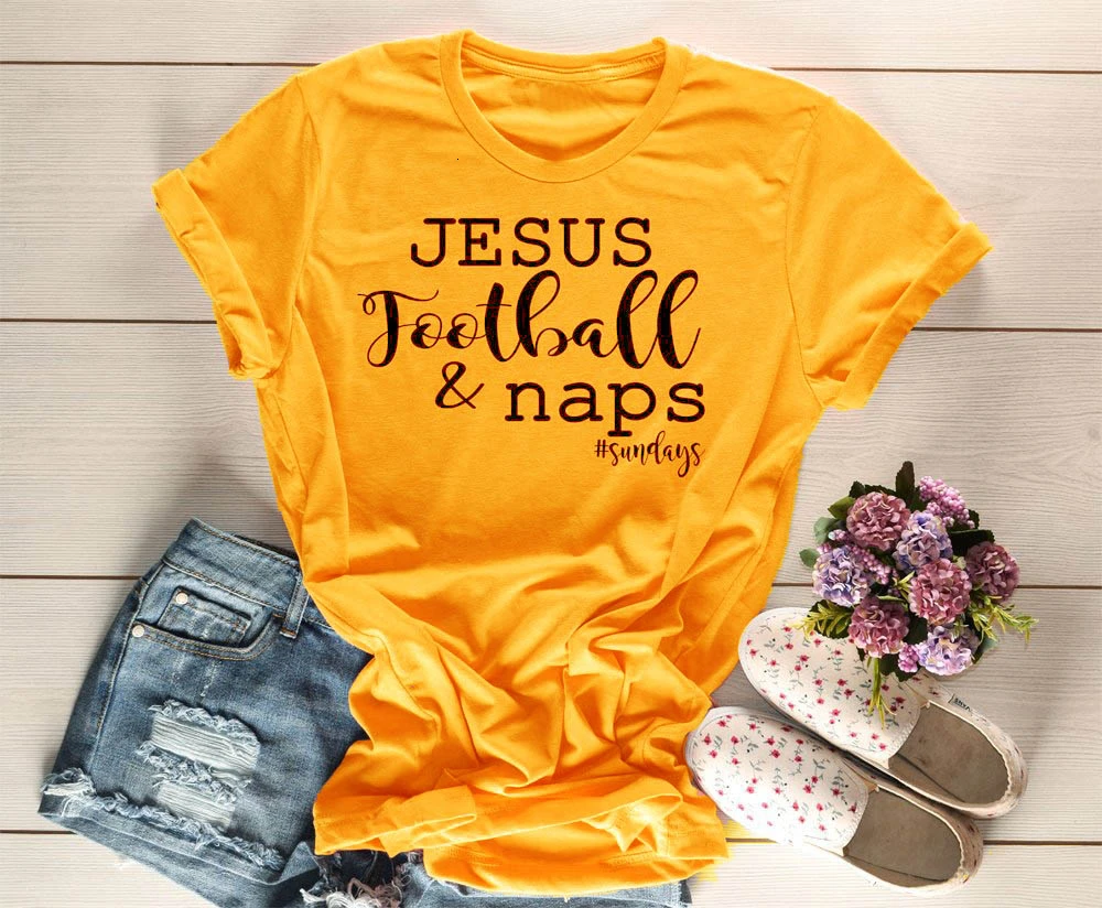 

Jesus Football and Naps Sunday Shirt women fashion Christian yellow aesthetic tumblr casual t-shirt girl gift style tees- K378