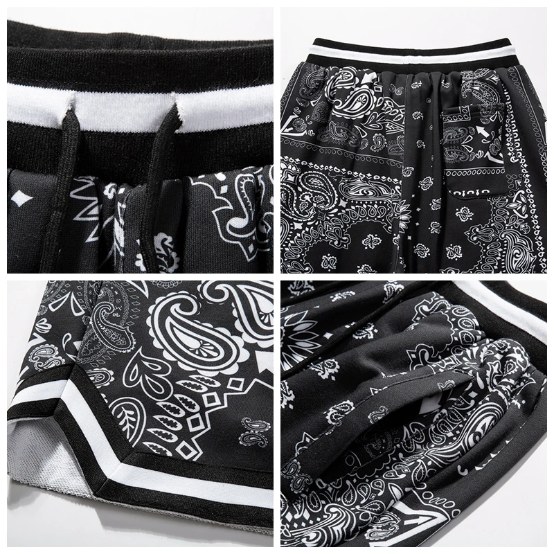 

Black White Paisley Printed Patchwork Shorts Summer Loose Casual Shorts for Men Women Fashion Cashew Floral Male Shorts 2021