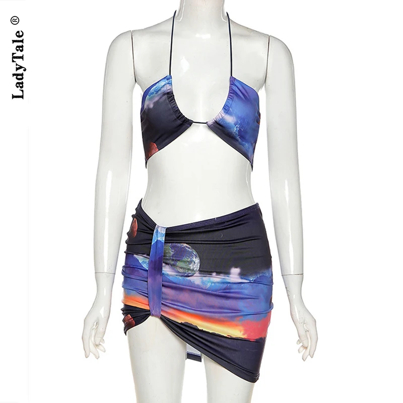 

Halter Sleeveless Print Camisole Skirt Two Piece Set Women Fashion Party Hollow Out Low Chest Clubwear Skirt Sets 2021 New