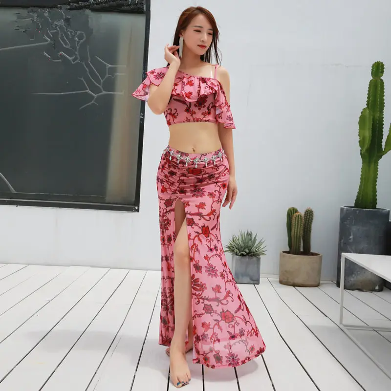 2PCS/SET Adult Sexy Flower Oriental Eastern Belly Dance Tops Shirt Costumes for Women Bellydance Dancing Clothes Dancer Wear