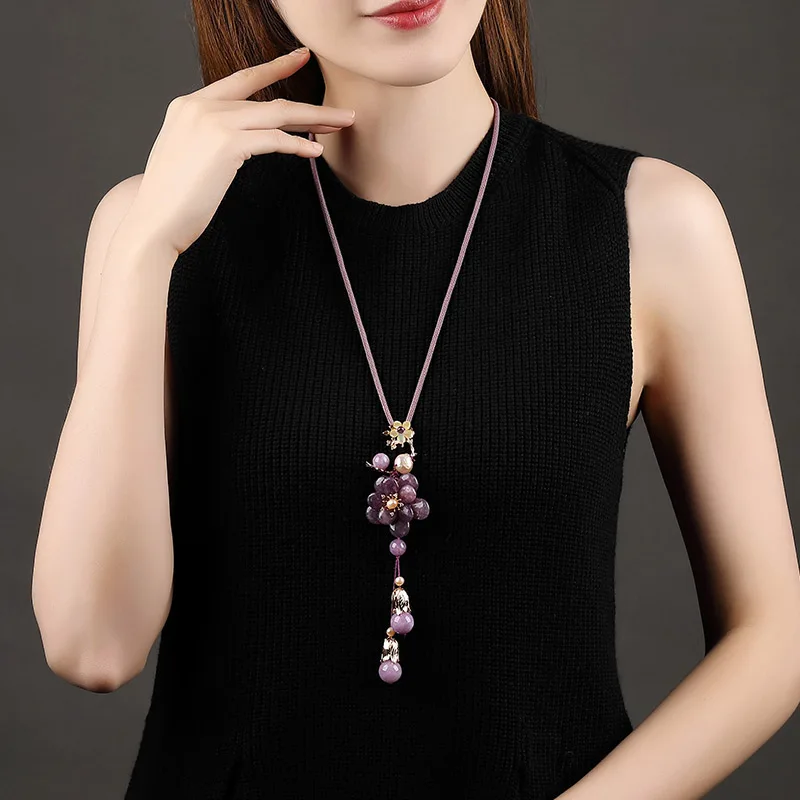 

Ethnic Geometric Blossom Flower Purple Handmade Vintage Tassel Long Sweater Chain Necklace Fashion Women Jewelry Accessories