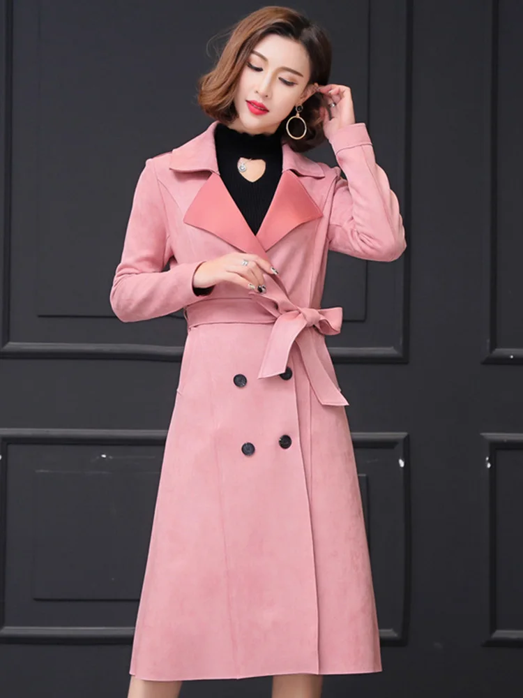 Розовый плюс бархатный плащ Тонкий двубортный пояс Европейский Американский