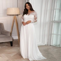 chiffon plus size wedding dresses scoop neck long sleeeves sweep train lace appliques a line beach bridal gown