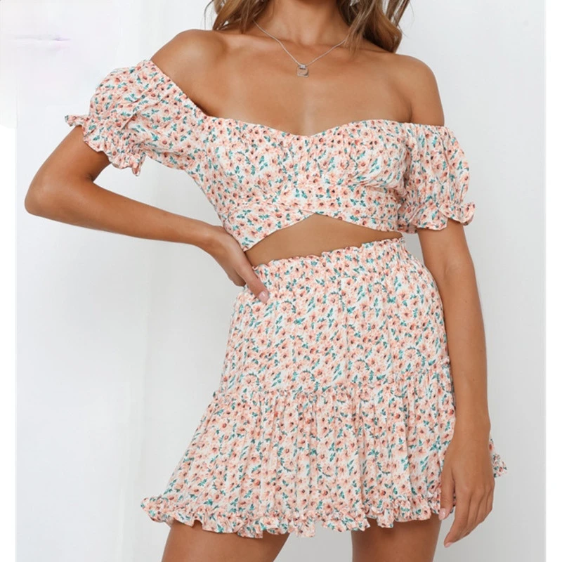 

Floral Print Elegant Suits Women Off Shoulder Backless Bandage Bow Sexy Two-pieces Ruffle Hem Beach Party Outfits 2021