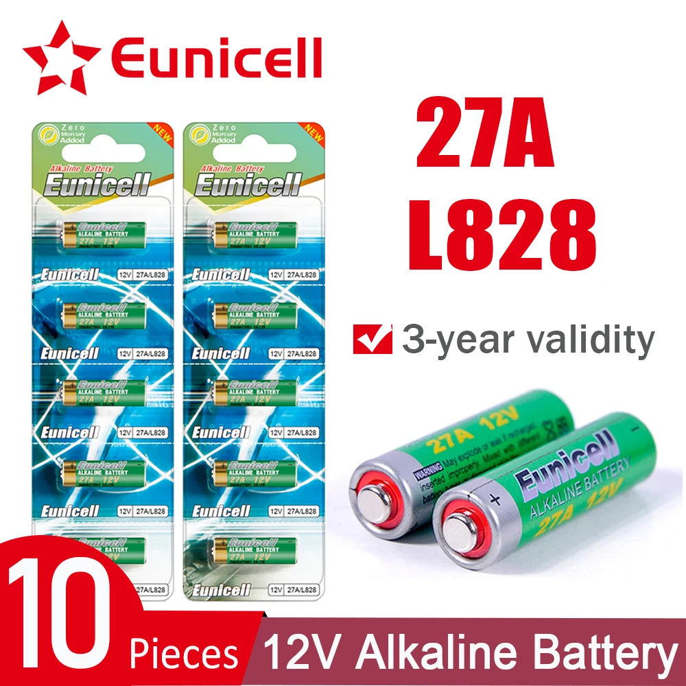 

Eunicell 10PCS NEW 12V 27A Dry Alkaline Battery L828 G27A A27 V27GA A27BP for Toys, Doorbell, Remote Control, Car alarm,Walkman
