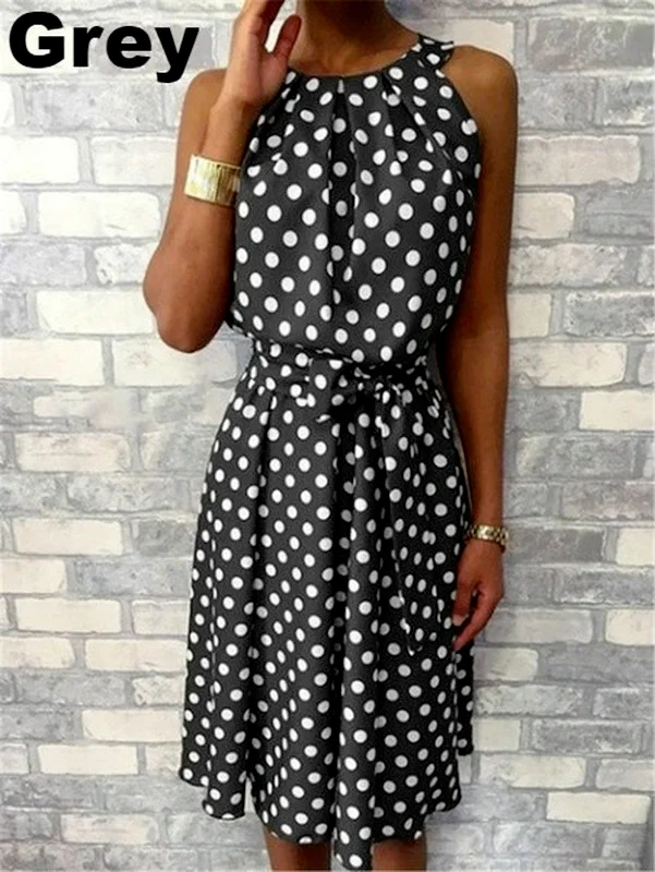 

New Fashion Women Round Neck Summer Polka Dot Printed Pullover Sleeveless Dress Ladies Casual Mid-length Plus Size Dress