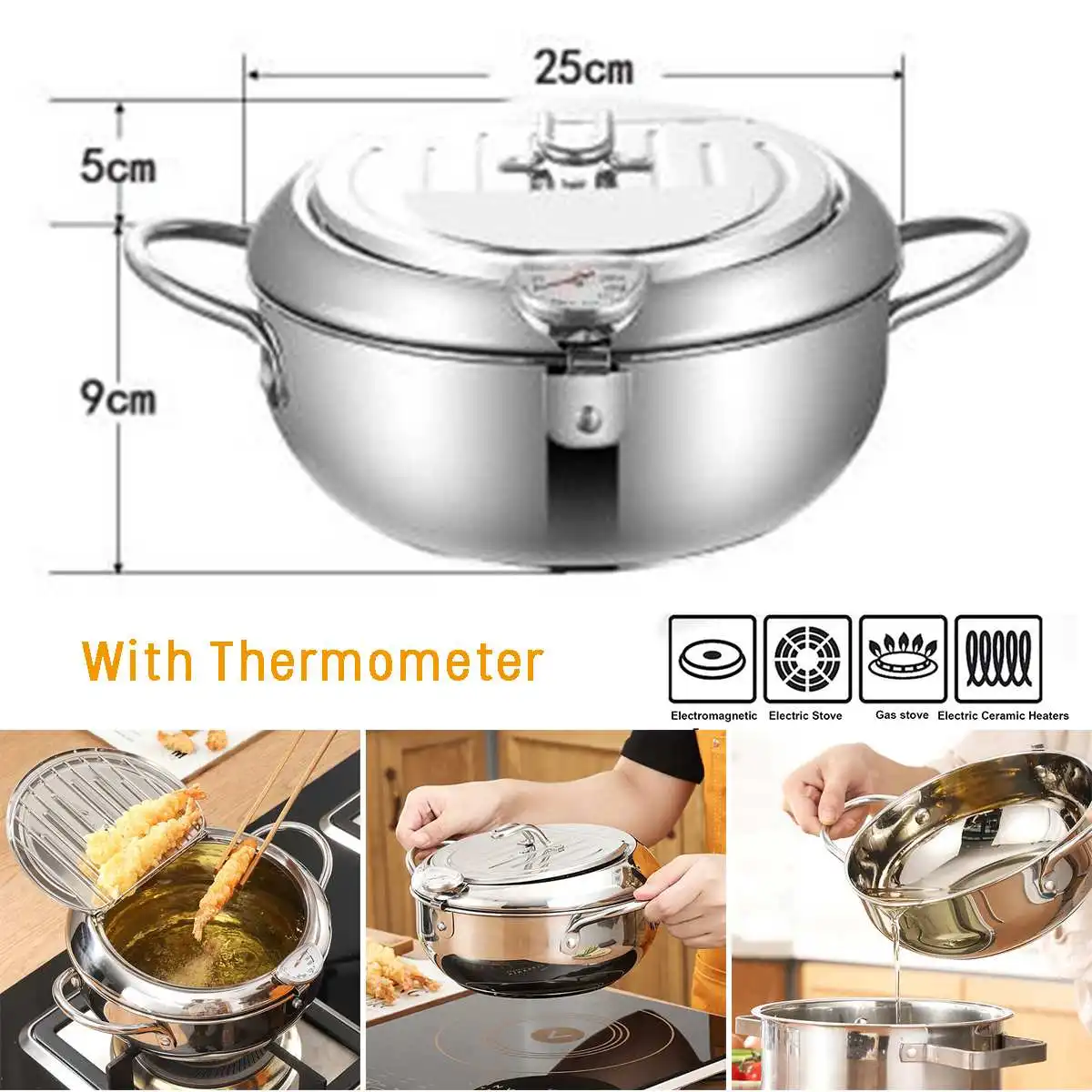 

20/24cm Japanese Deep Frying Pot with a Thermometer and a Lid 304 Stainless Steel Kitchen Tempura Fryer Pan