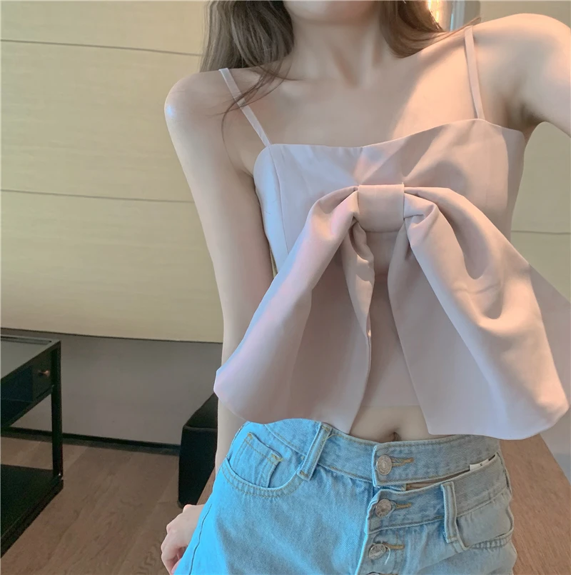 Camiseta interior con lazo para mujer, Top sexy con diseño de verano, color gris y rosa