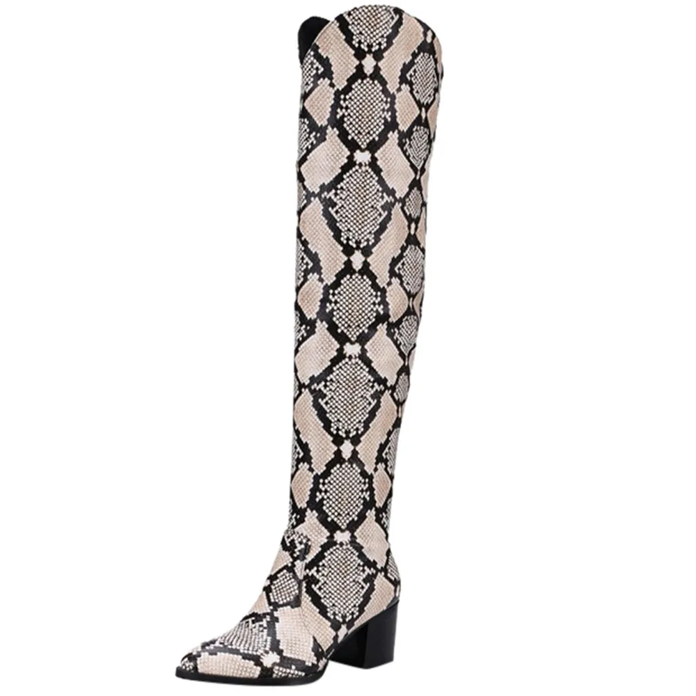 Snake Print Женские облегающие высокие сапоги до колена со змеиным принтом обувь на квадратном каблуке обувь на платформе с острым носком botas mujer invierno г. Новинка - Цвет: Snake Print
