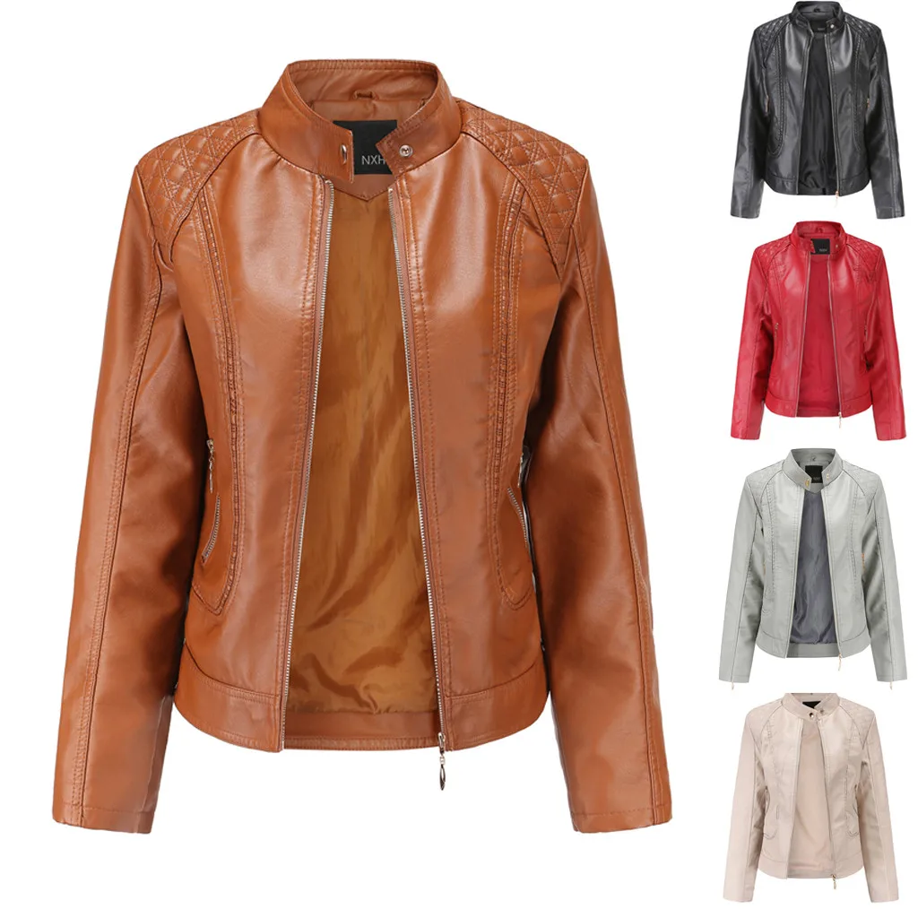 Женская куртка мода осень зима черная искусственная кожаная куртка с застежками-молниями базовое пальто воротник стойка Байкер уличная Femme 19Aug