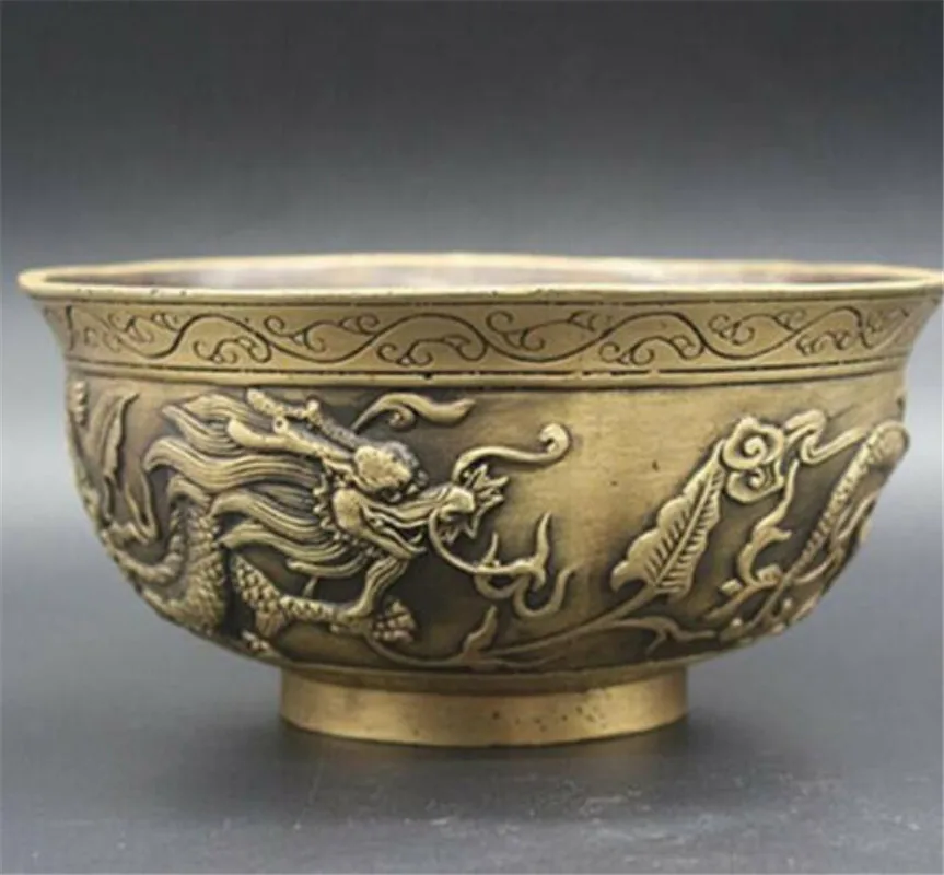 Big 13.5cm Copper Statue Exquisite Chinese Old Brass Hand-Carved Zodiac Animal Dragons Bowl Craft | Дом и сад