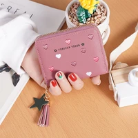 women heart embroidery zipper tassel wallet female fashion solid color letter leather coin purses ladies card holder money clip