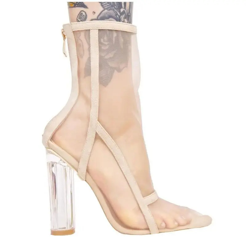 

Sexy Women Mesh Ankle Boots Transparent Thick Heels Back Zipper Pointed Toe High Heels Catwalk Shoes Sandals Boots Women