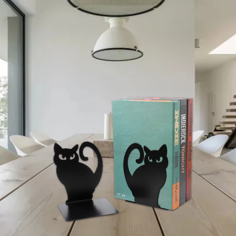 

G92E Decorative Hollow-out Iron Bookends Persian Kitten Hollow Design for Heavy Books Anti-Slip Metal Book Stoppers Bookends