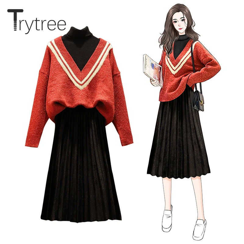 Trytree осенне зимний комплект из двух предметов Повседневная водолазка лоскутный