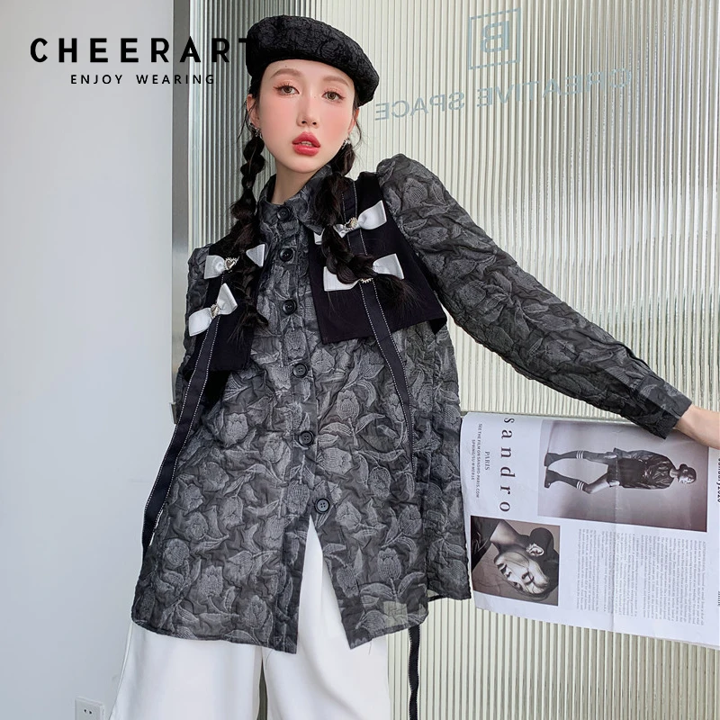 

CHEERART Designer Jacquard Button Up Shirt Shacket Women Grey Bow Ribbon Puff Sleeve Gothic Shirt Fashion Top And Blouse Clothes