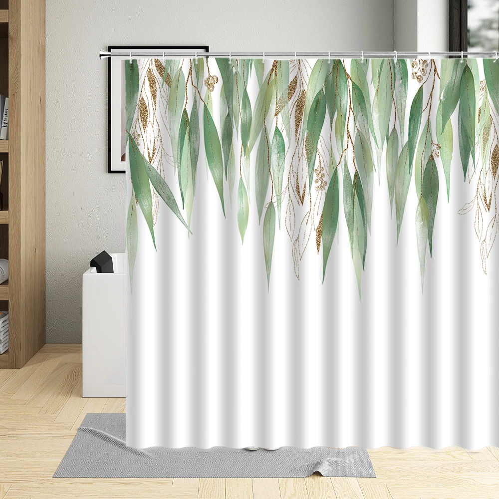 

Spring Shower Curtain Green Leaf Decoration Pattern Bathroom Screens Partition Home Waterproof Polyester With Hook Washable