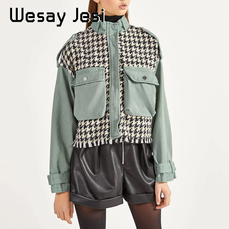 Женская твидовая куртка с большими карманами свободная высоким воротником в