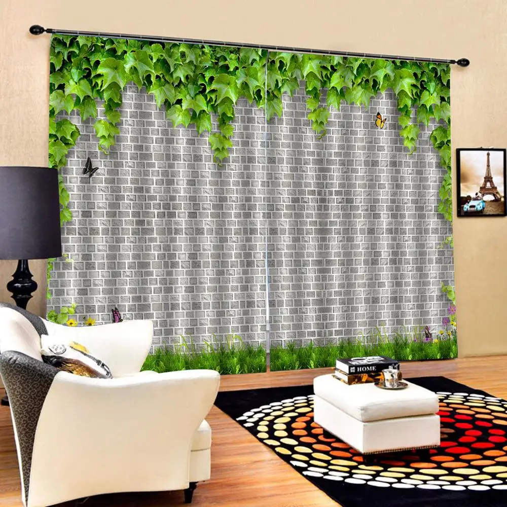 Винтажные шторы с зелеными листьями занавески рисунком кирпичной стены в