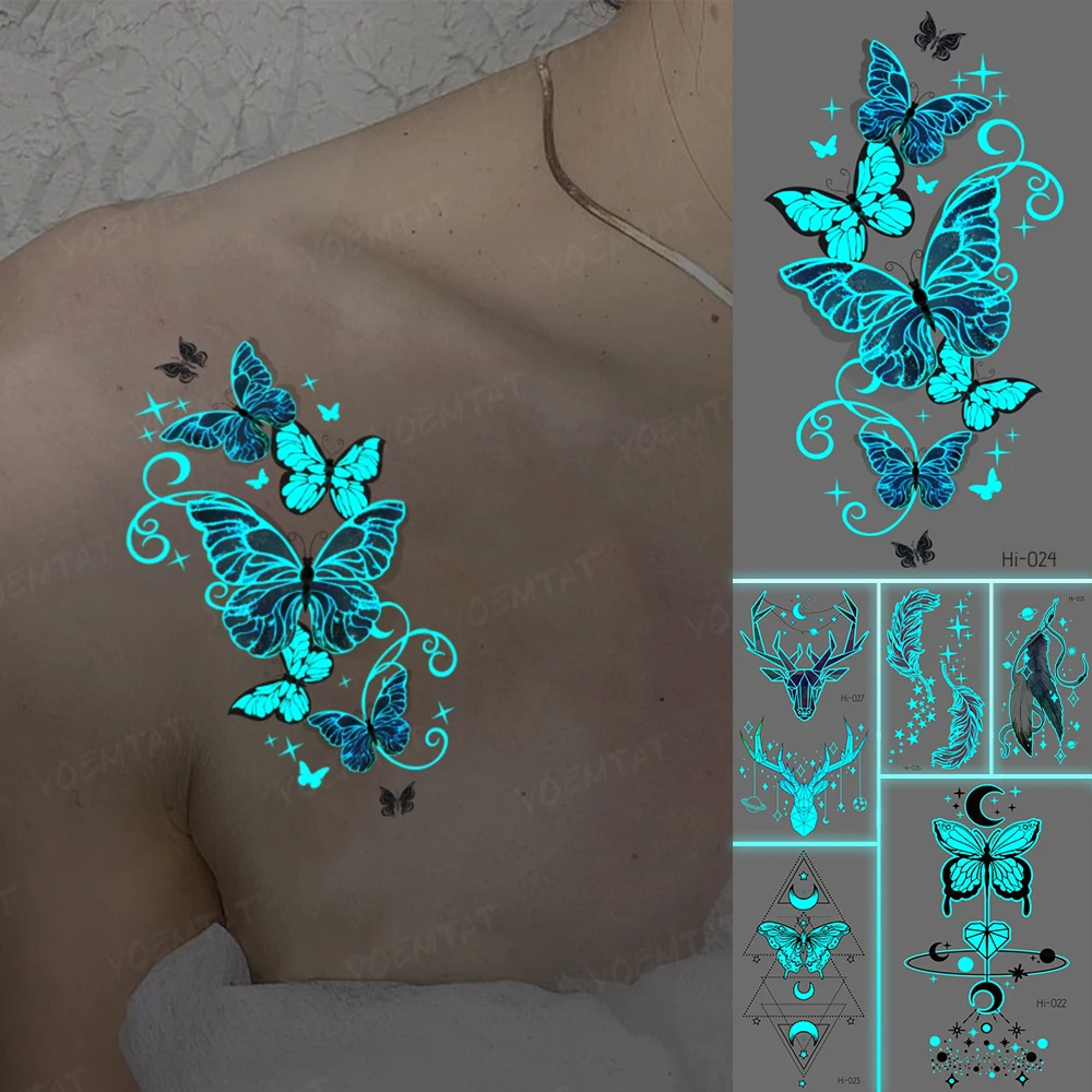 

Luminous Stickers Neck Tattoo Temporary Glitter Tattoo Kids Butterfly Flower Realistic Sexy Shoulder Chest Tato Green Blue Glow