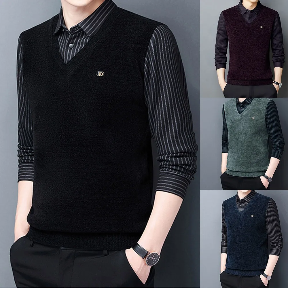 

Gentleman Warm Thick Fake Two-Piece Tops Long Sleeve Knitted Vest Sweater Winter Elegant Bussiness Fashion Bottoming Shirt 3xl