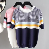 new plaid contrast color womens sweater knitted elasticity pullover ladies sweater o neck slim short sleeve women clothing 2021
