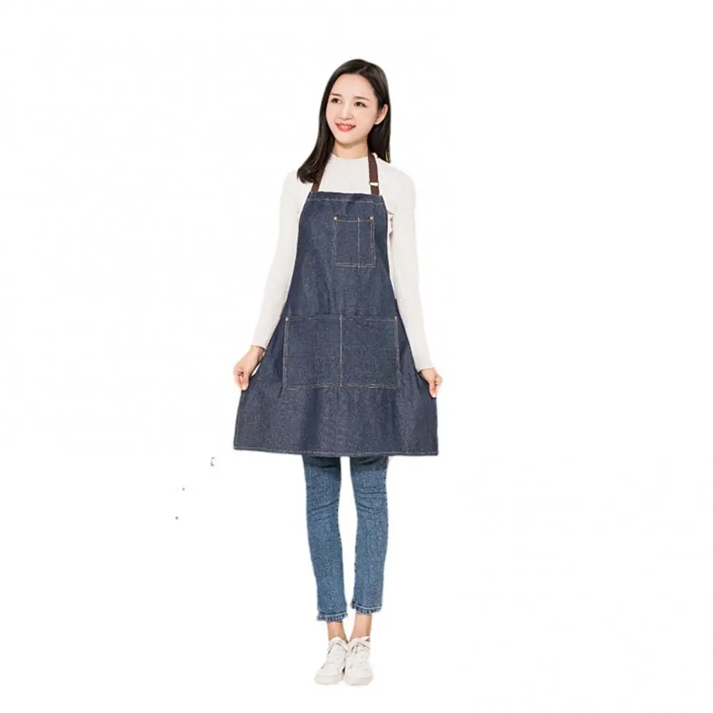 

Kitchen waterproof Cooking Apron Unisex Solid Color Denim Cotton Greaseproof Apron with Adjustable Neck Strap