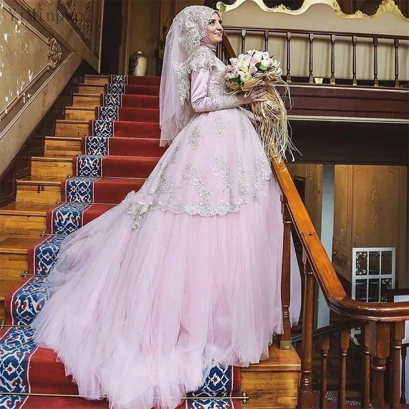 

YiMinpwp Pink Muslim Wedding Dresses High Neck Long Sleeve Sweep Train Appliques Sash Chapel Bridal Gowns vestidos de novia