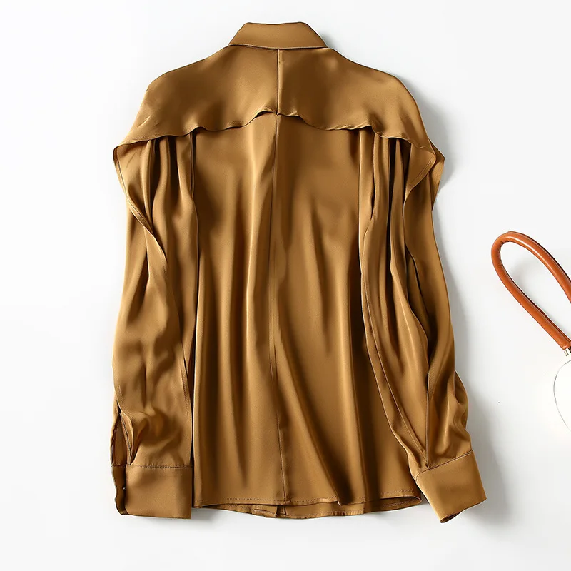 100% шелковая блузка черная рубашка Женский Топ с длинным рукавом Женские топы и