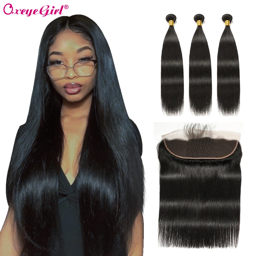 Прямые пучки волос с фронтальной бразильские волосы закрытием плетение кружева